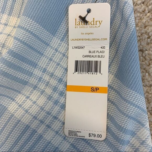 FRONT knot wrap plaid check blouse ruffle sleeve Blue white Sz S NWT - Picture 8 of 11